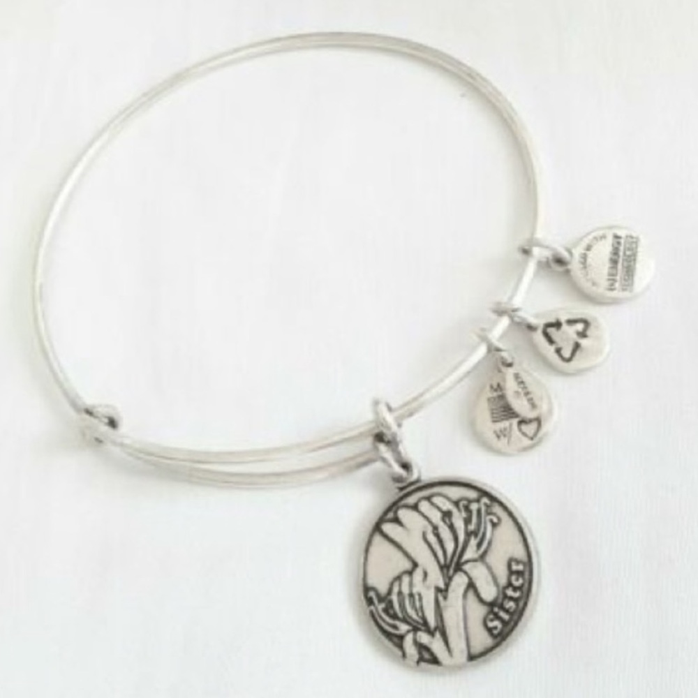Alex and Ani SISTER Flower Charm Silver Bangle Bracelet Adjustable.